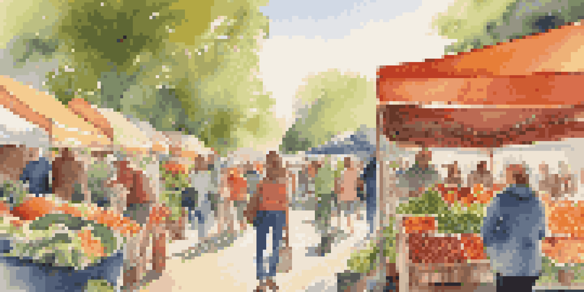 A diverse group of people shopping at a farmers market, surrounded by colorful produce, with banners about ethical consumerism in a sunlit setting.