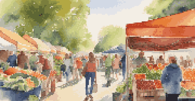 A diverse group of people shopping at a farmers market, surrounded by colorful produce, with banners about ethical consumerism in a sunlit setting.