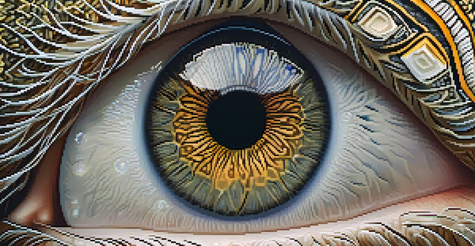 Close-up view of a human eye with detailed iris patterns, softly lit with a blurred background.