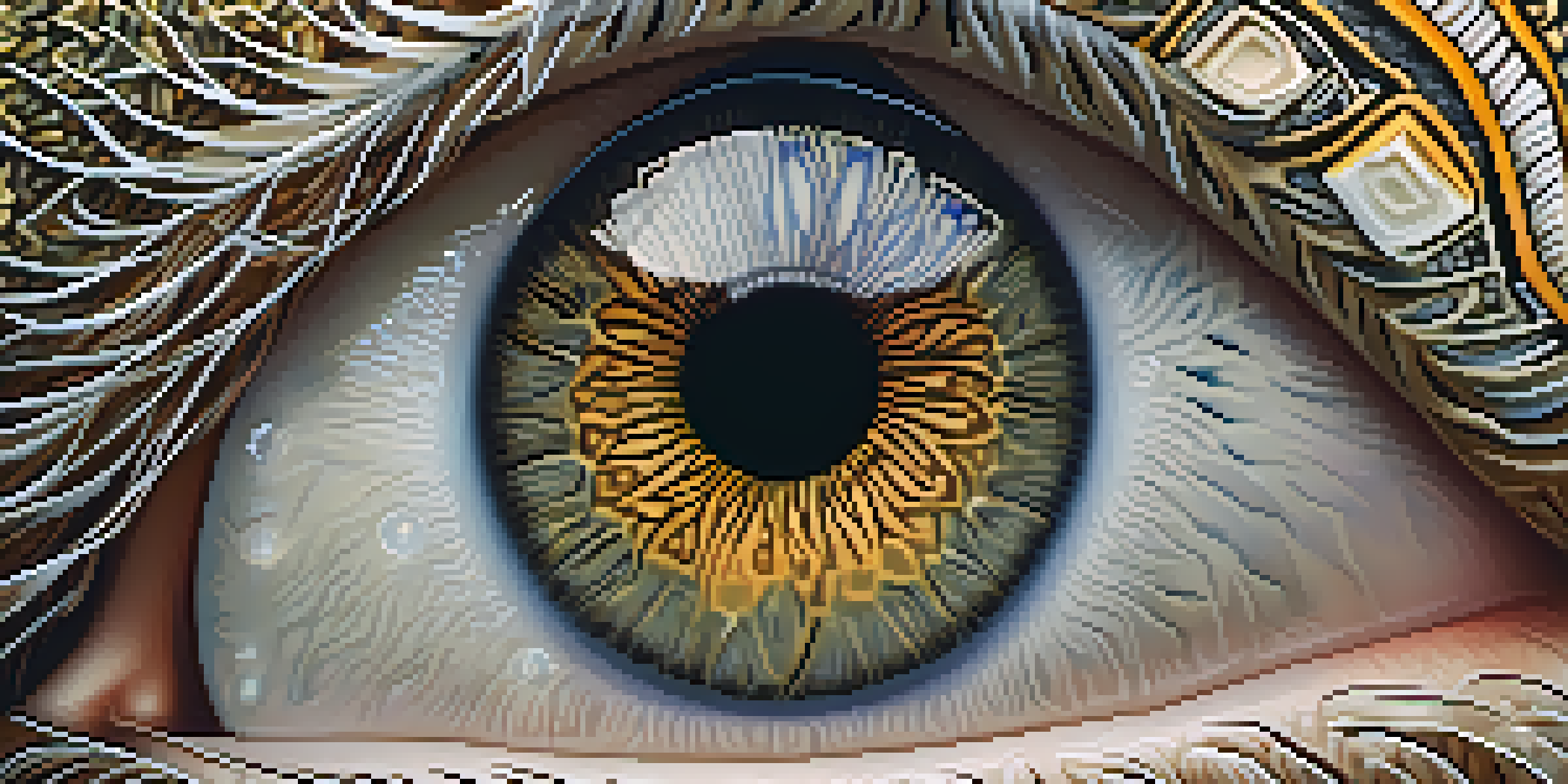 Close-up view of a human eye with detailed iris patterns, softly lit with a blurred background.