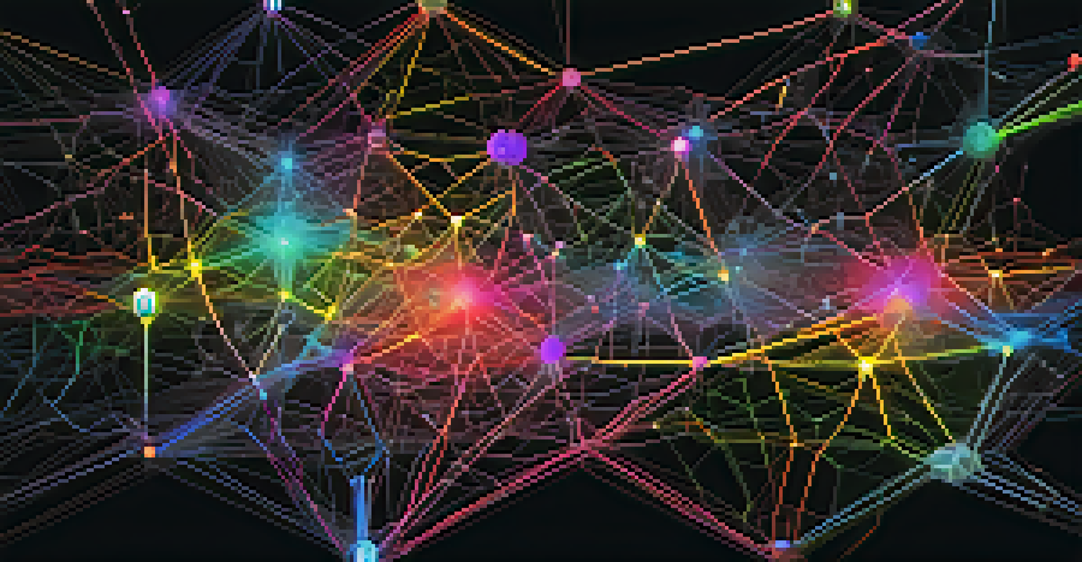 A close-up view of a machine learning algorithm represented by colorful nodes and pathways illuminated against a dark background.