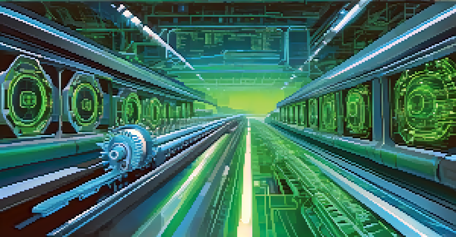 An abstract representation of automation in DevOps with a conveyor belt, glowing code snippets, and gears.