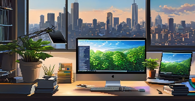 A modern workspace with multiple computer screens showing code, surrounded by books and plants, illuminated by natural light.