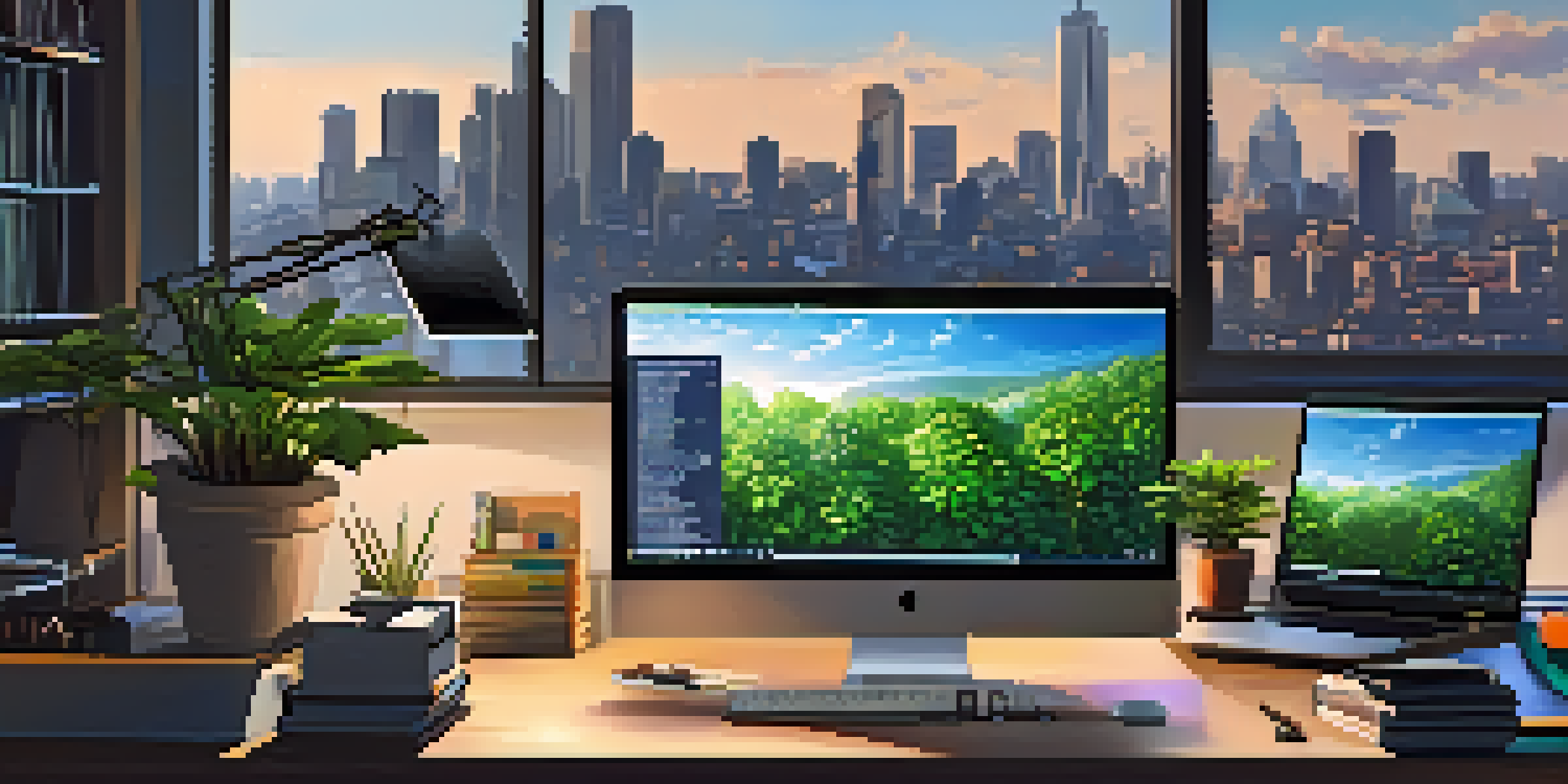 A modern workspace with multiple computer screens showing code, surrounded by books and plants, illuminated by natural light.