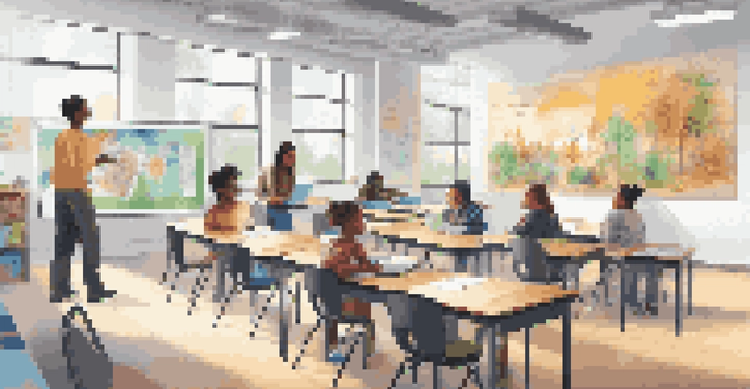 A bright and modern classroom with students of various backgrounds using laptops and tablets, engaged in collaborative learning with a teacher facilitating.