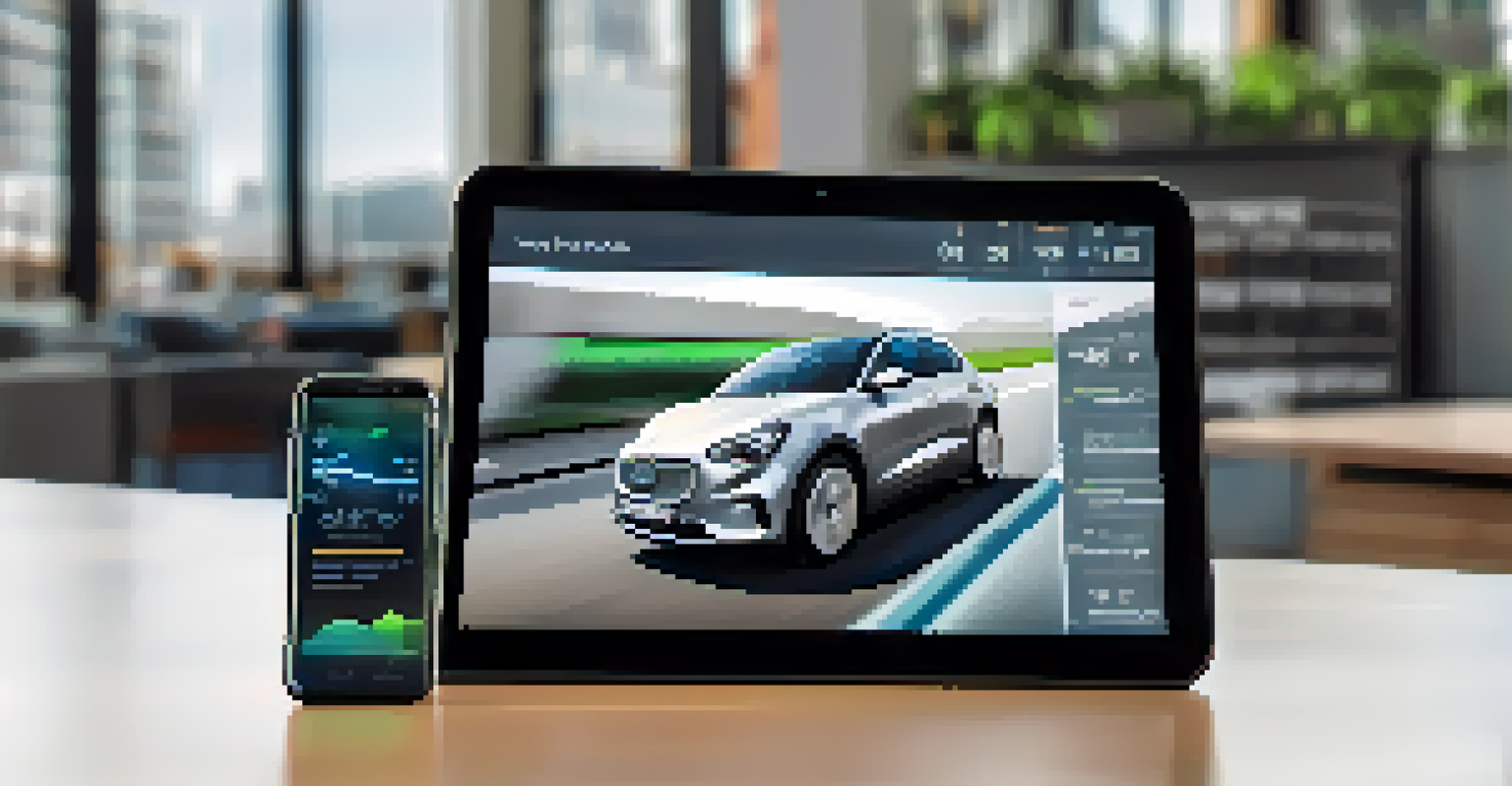 A close-up of a smart device showing a telematics app with graphs and analytics, held by a fleet manager in a professional environment.