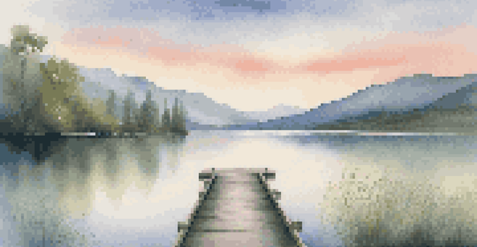 A beautiful sunrise over a peaceful lake, with mountains and greenery around. A wooden dock extends into the water.
