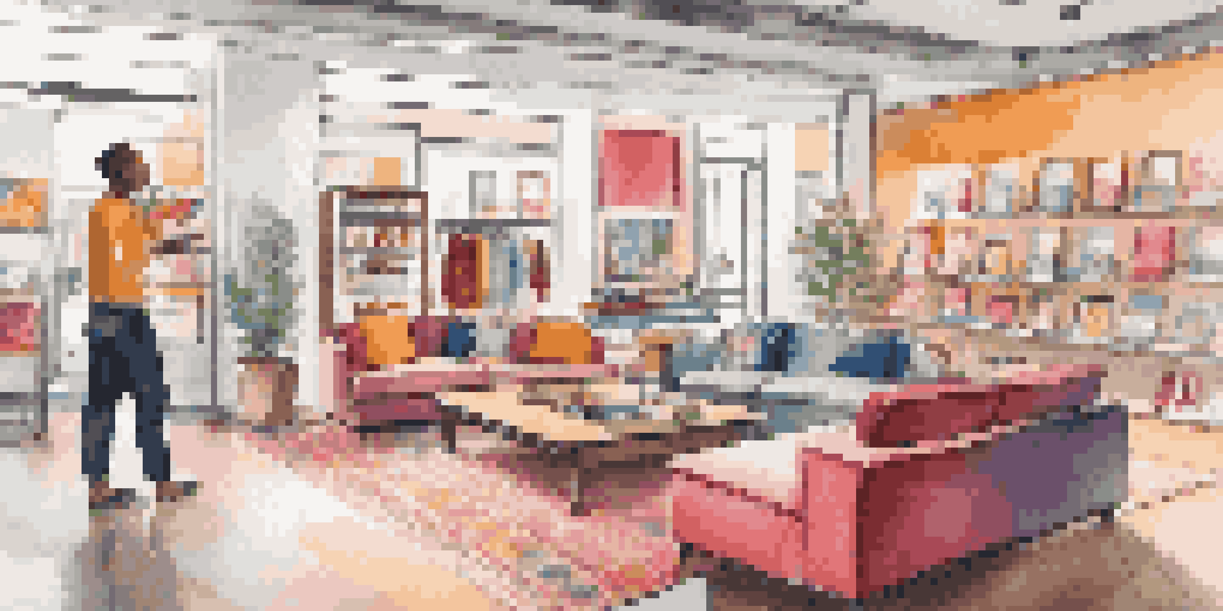 A customer using an augmented reality app in a retail store to visualize furniture in their home.