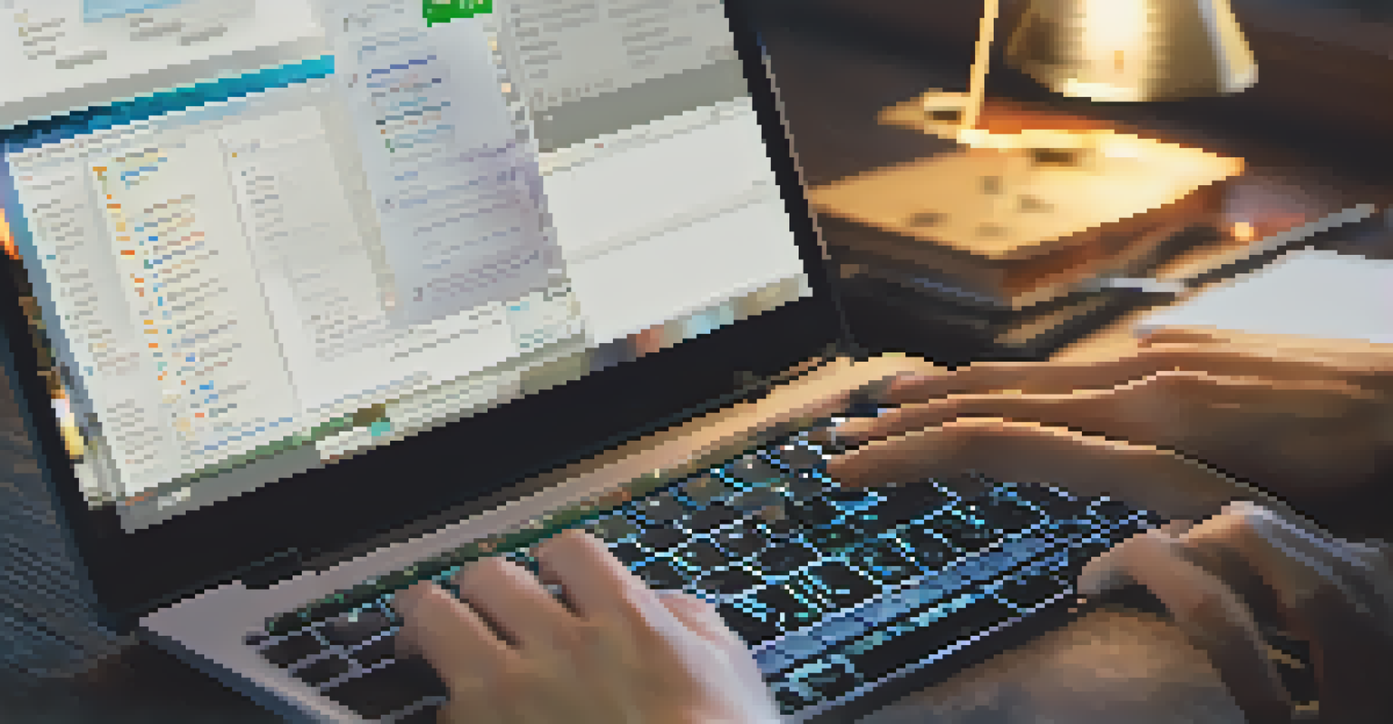 A close-up view of hands typing on a laptop keyboard, with a low-code platform interface visible on the screen, illuminated by a desk lamp.