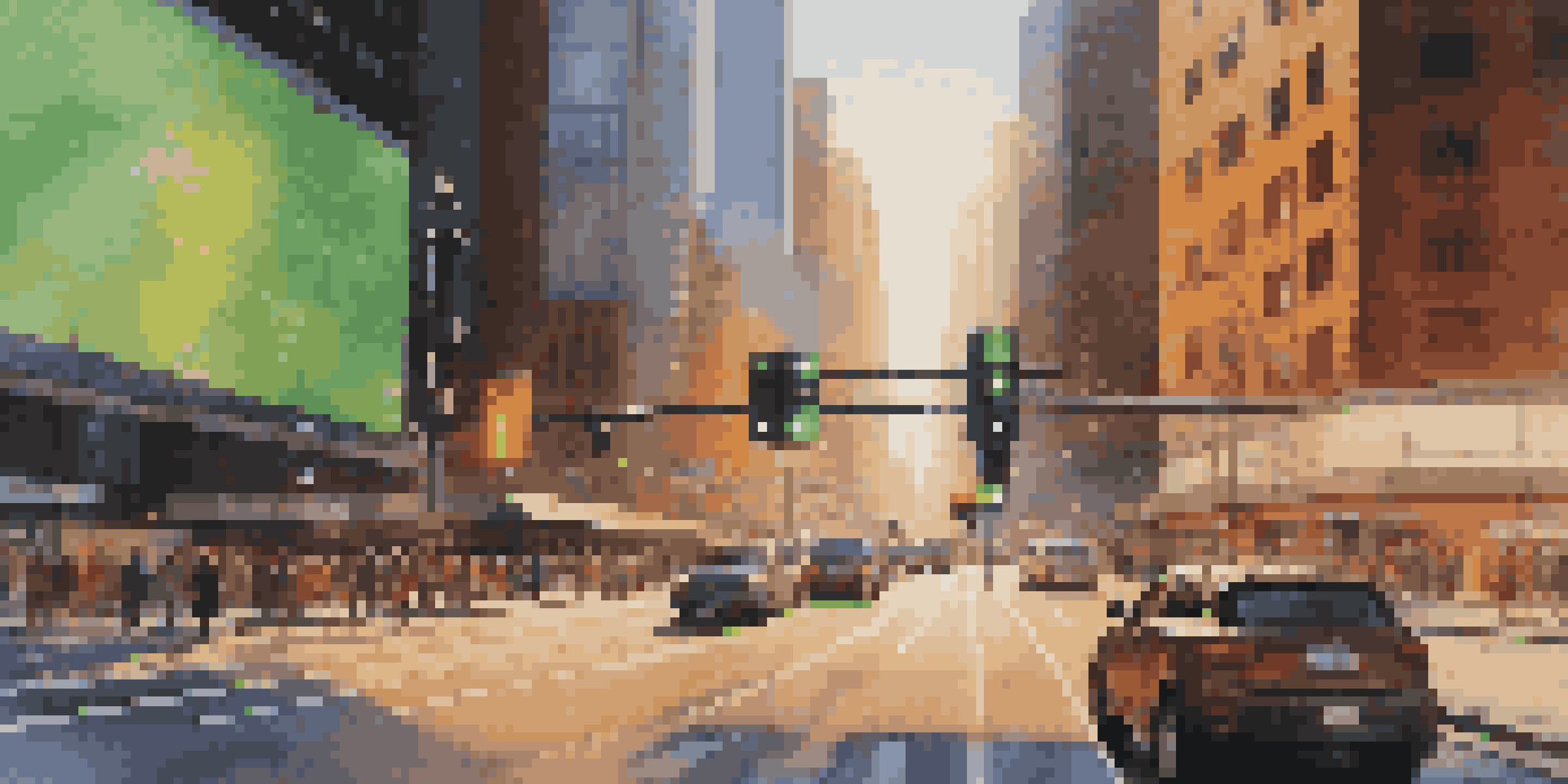 A busy urban street with a smart traffic light that changes signals based on real-time data, surrounded by cars and pedestrians under warm evening light.