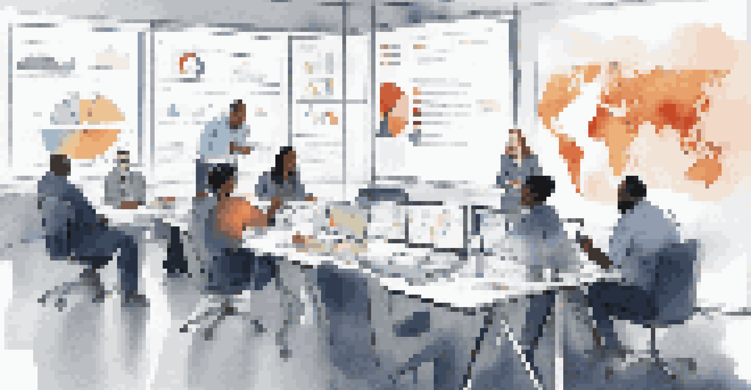 A diverse team in a meeting discussing disaster recovery strategies, with charts on a large screen and a bright, spacious room.