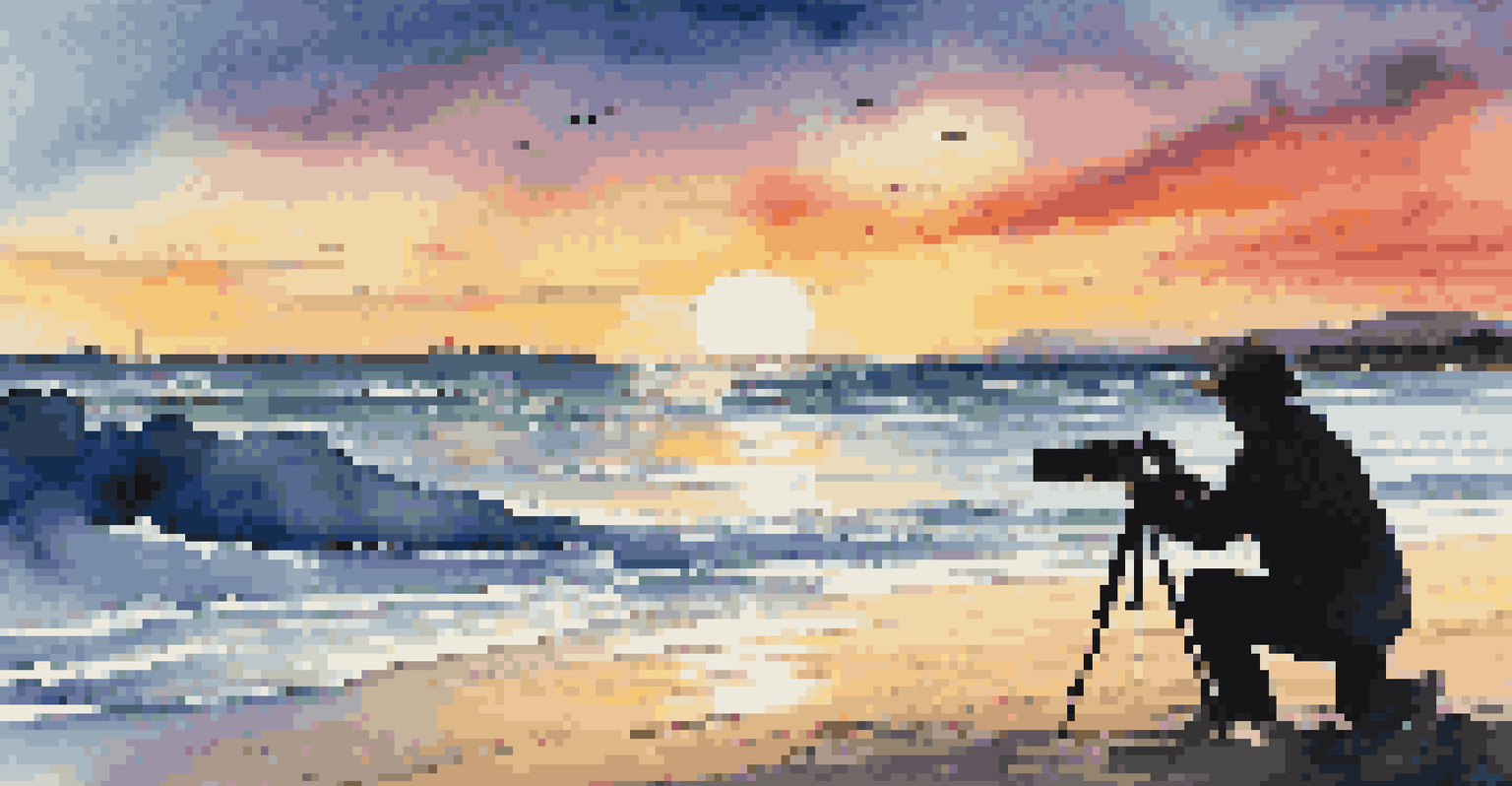 A silhouette of a photographer capturing a sunset on the beach.