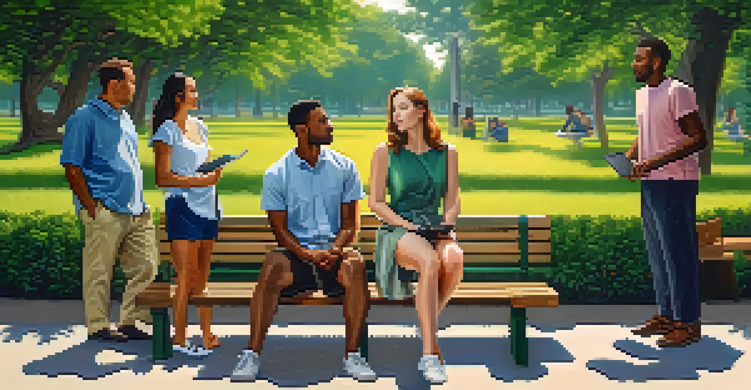 A diverse group of people discussing privacy and biometric data in a peaceful park setting surrounded by greenery.