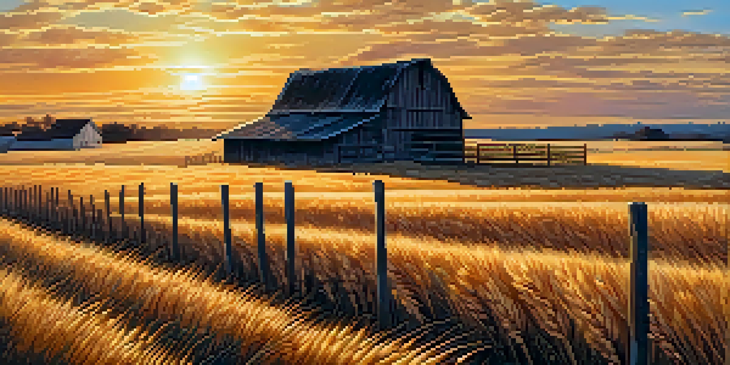A peaceful wheat field at sunset with a rustic wooden fence and a barn silhouette in the background.