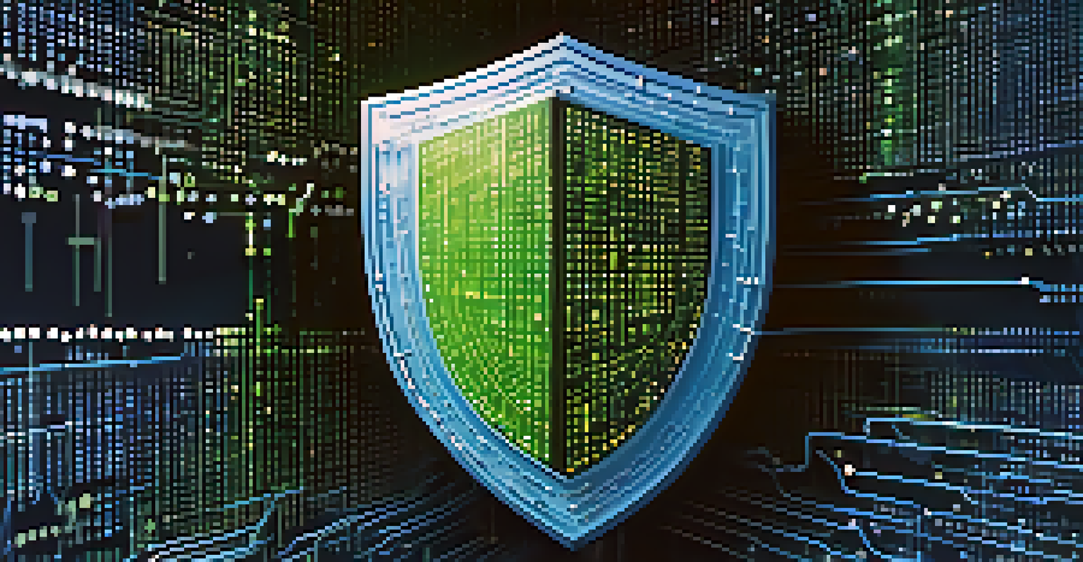 An abstract digital shield surrounded by binary code, set against a blue and green high-tech background, symbolizing data integrity.