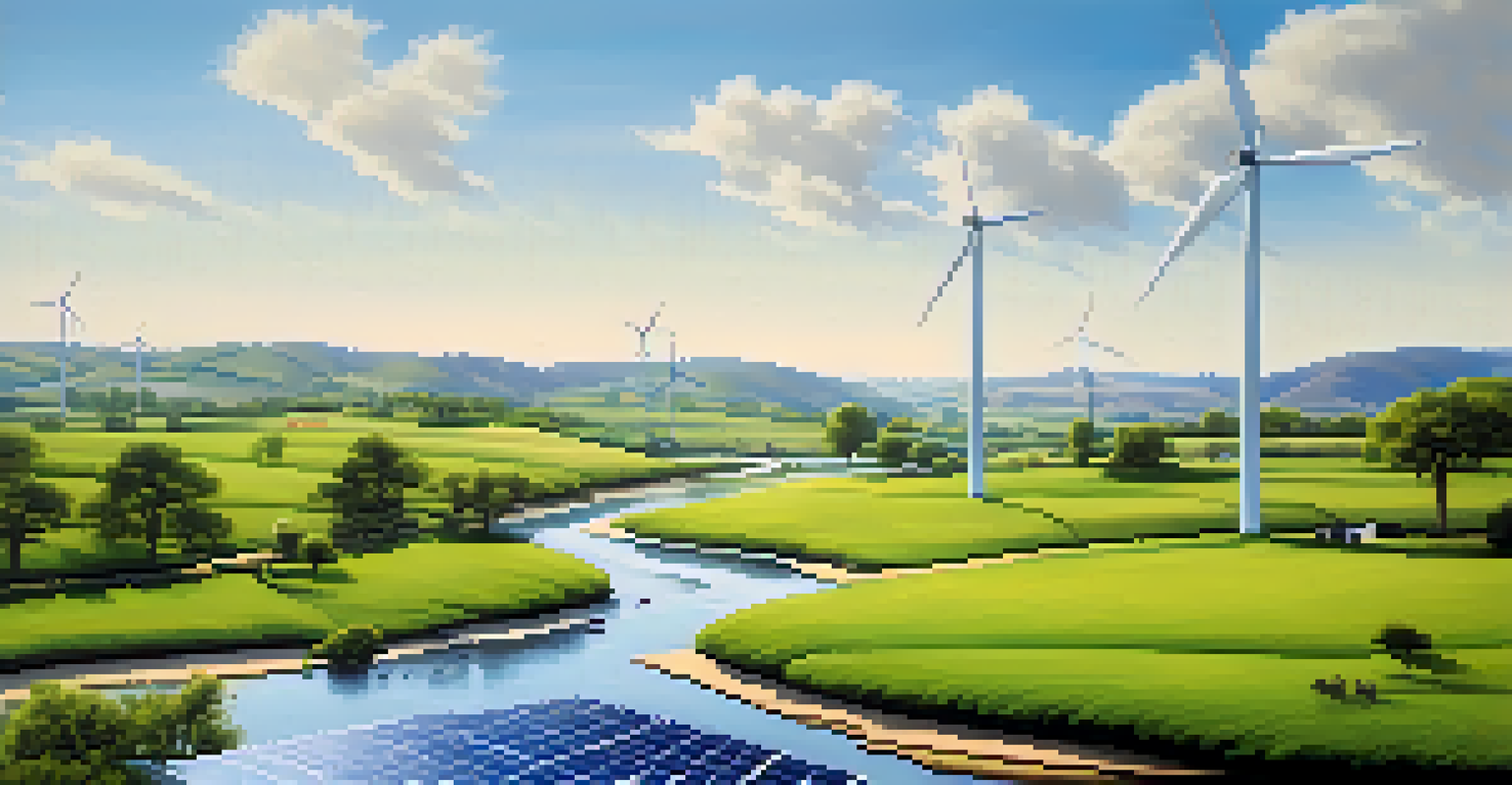 A peaceful countryside landscape featuring solar panels and wind turbines, with clear skies and rolling hills, emphasizing sustainability.