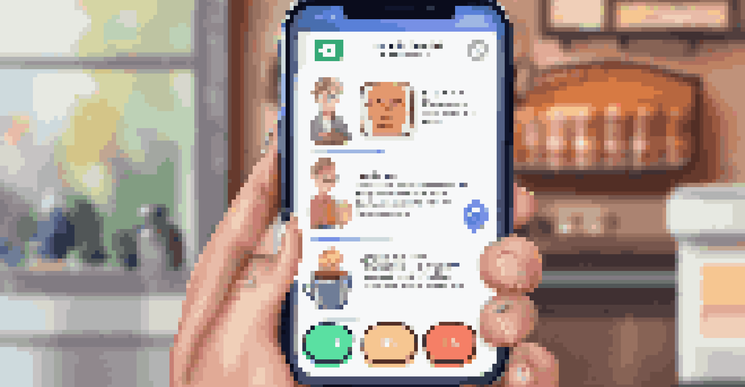 A close-up of a smartphone showing a chatbot conversation in a financial app, set against a blurry coffee shop background.