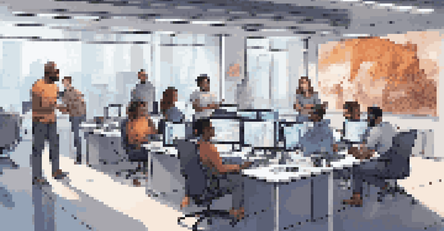 A diverse team of game developers collaborating in a modern office, with large monitors and digital tablets, showcasing a creative and technological environment.