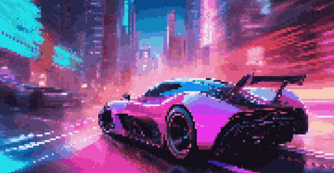 A futuristic racing game with a sleek vehicle on a neon-lit track in a digital cityscape, emphasizing speed and vibrant colors.