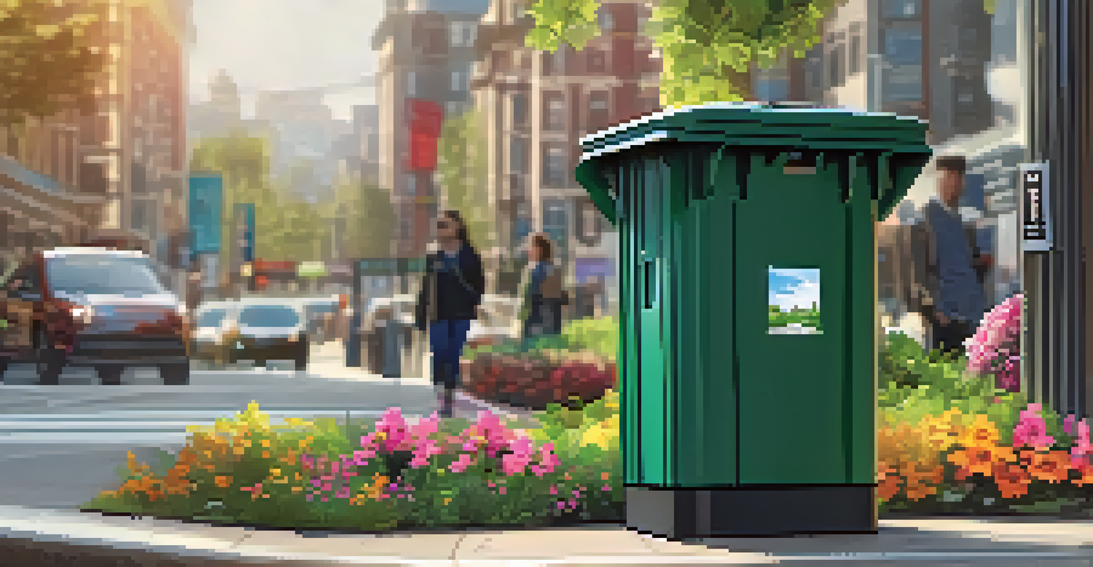 A detailed view of an IoT sensor on a trash bin, surrounded by flowers and a clean urban environment.