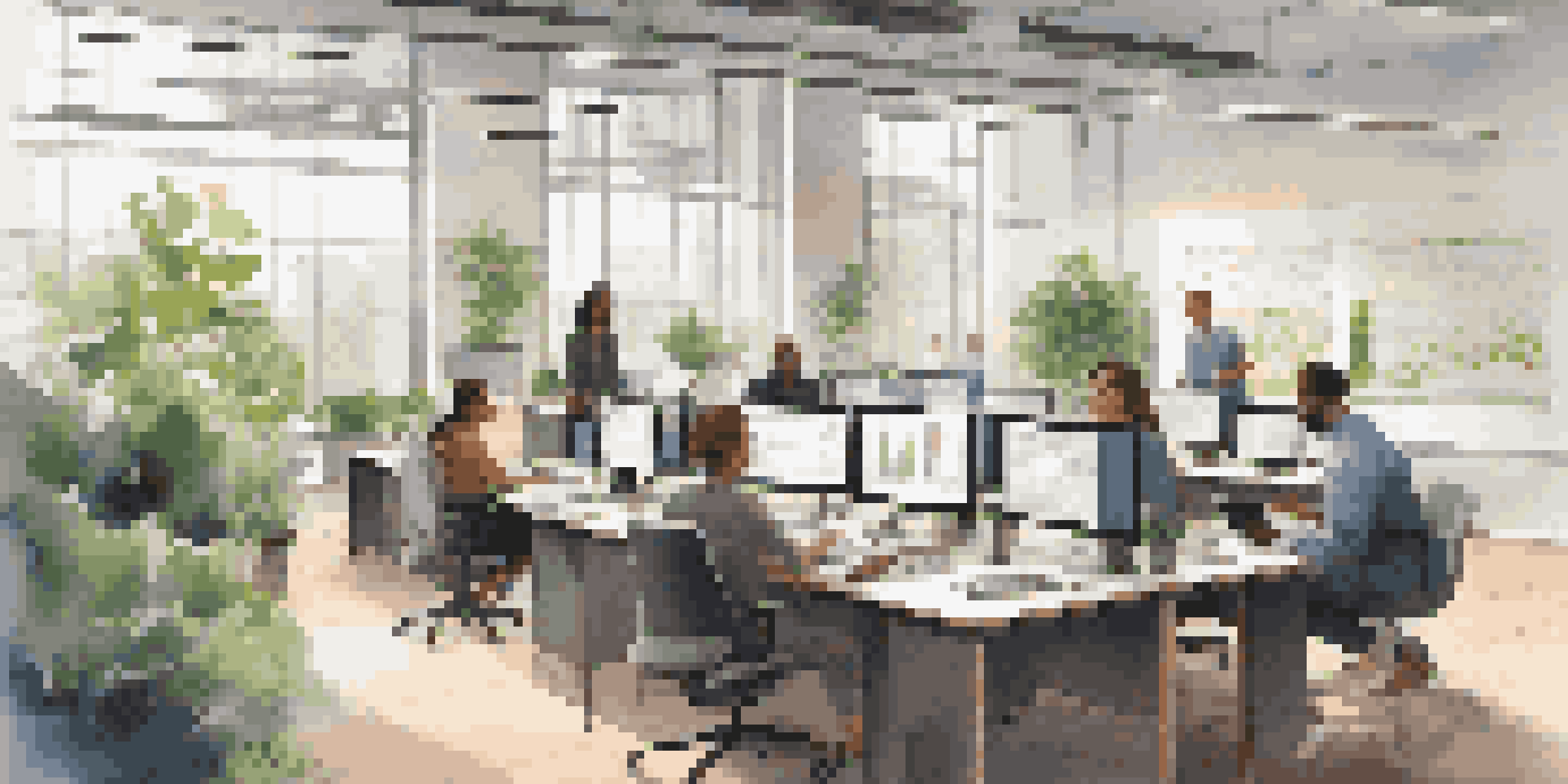 A diverse team of professionals in a bright office space analyzing data together, surrounded by charts and greenery.