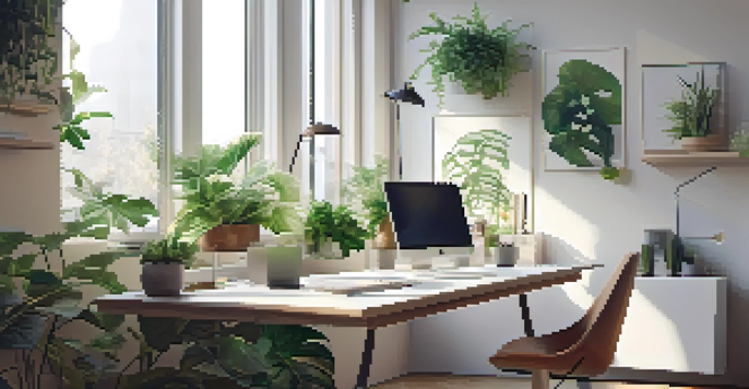 A bright and modern workspace with a laptop on a desk, plants around, and sunlight coming through large windows.