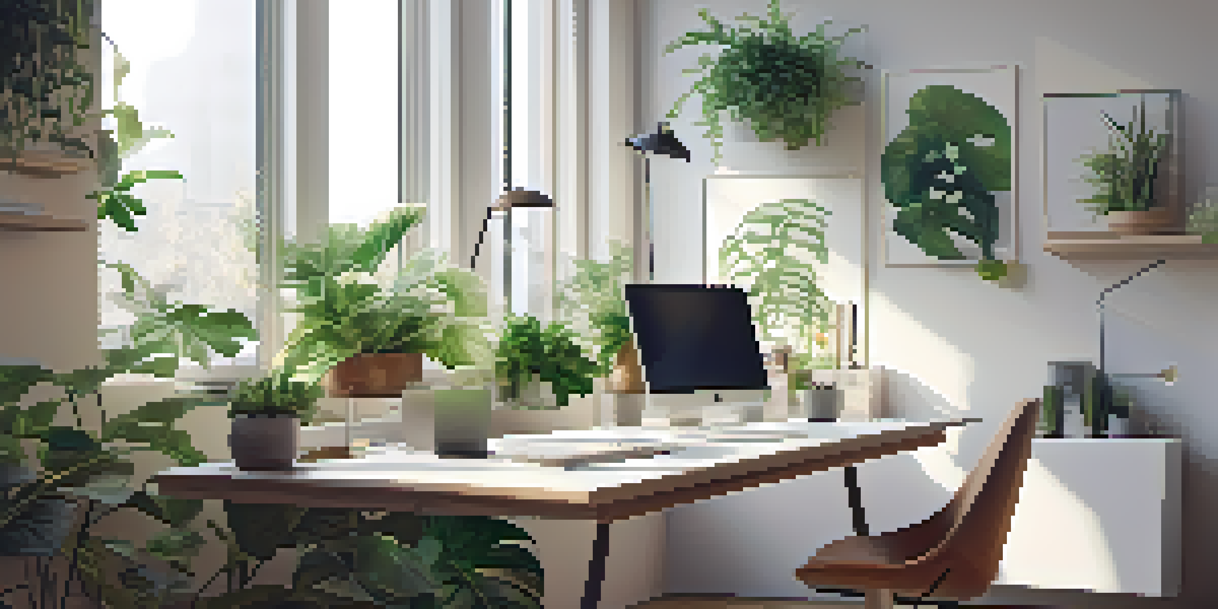 A bright and modern workspace with a laptop on a desk, plants around, and sunlight coming through large windows.
