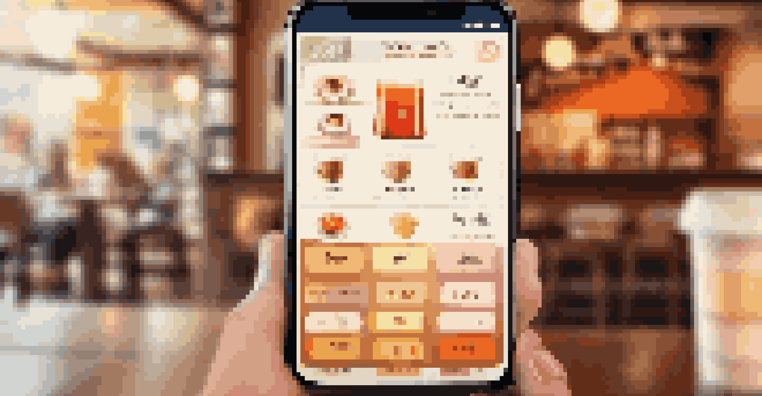 A close-up of a smartphone with a colorful mobile app interface, set in a cozy coffee shop environment.