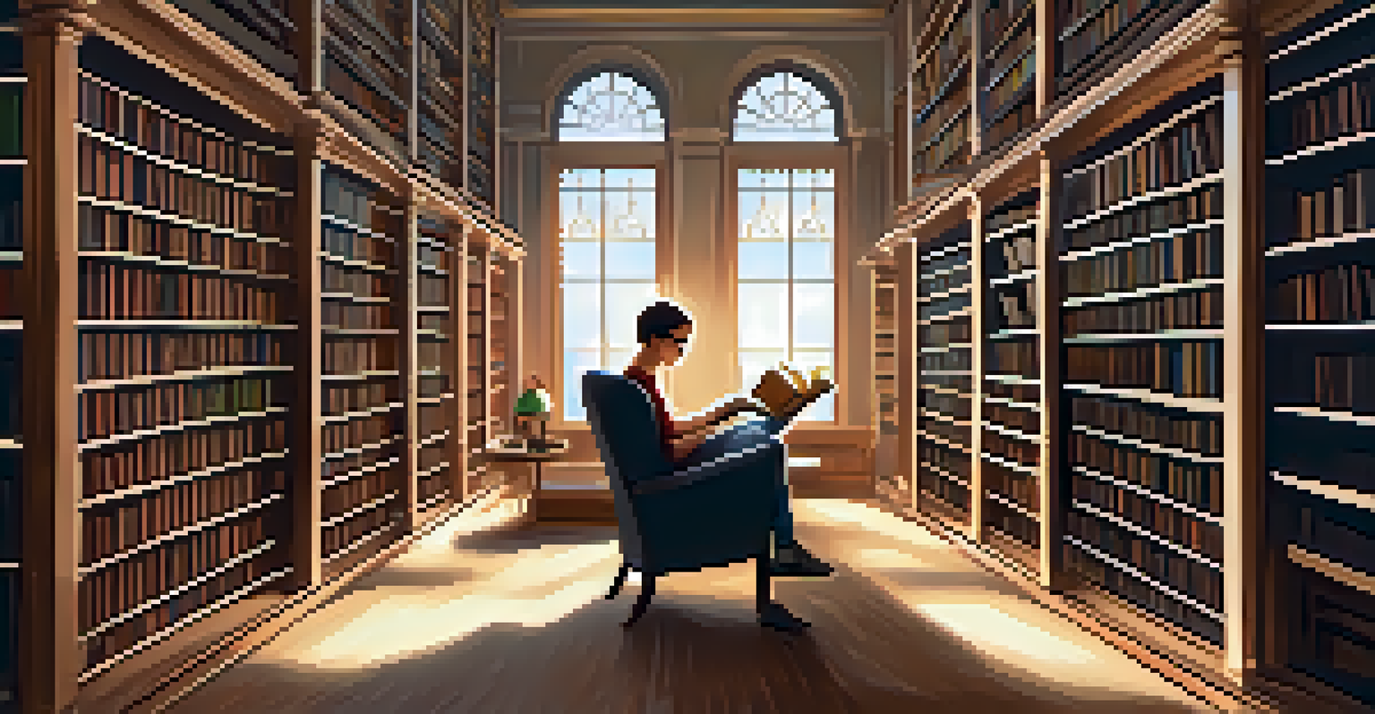 A peaceful library with a person reading a book on data ethics surrounded by books on technology.