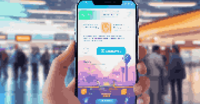 A smartphone displaying a colorful and user-friendly travel chatbot interface, set against a blurred airport background.