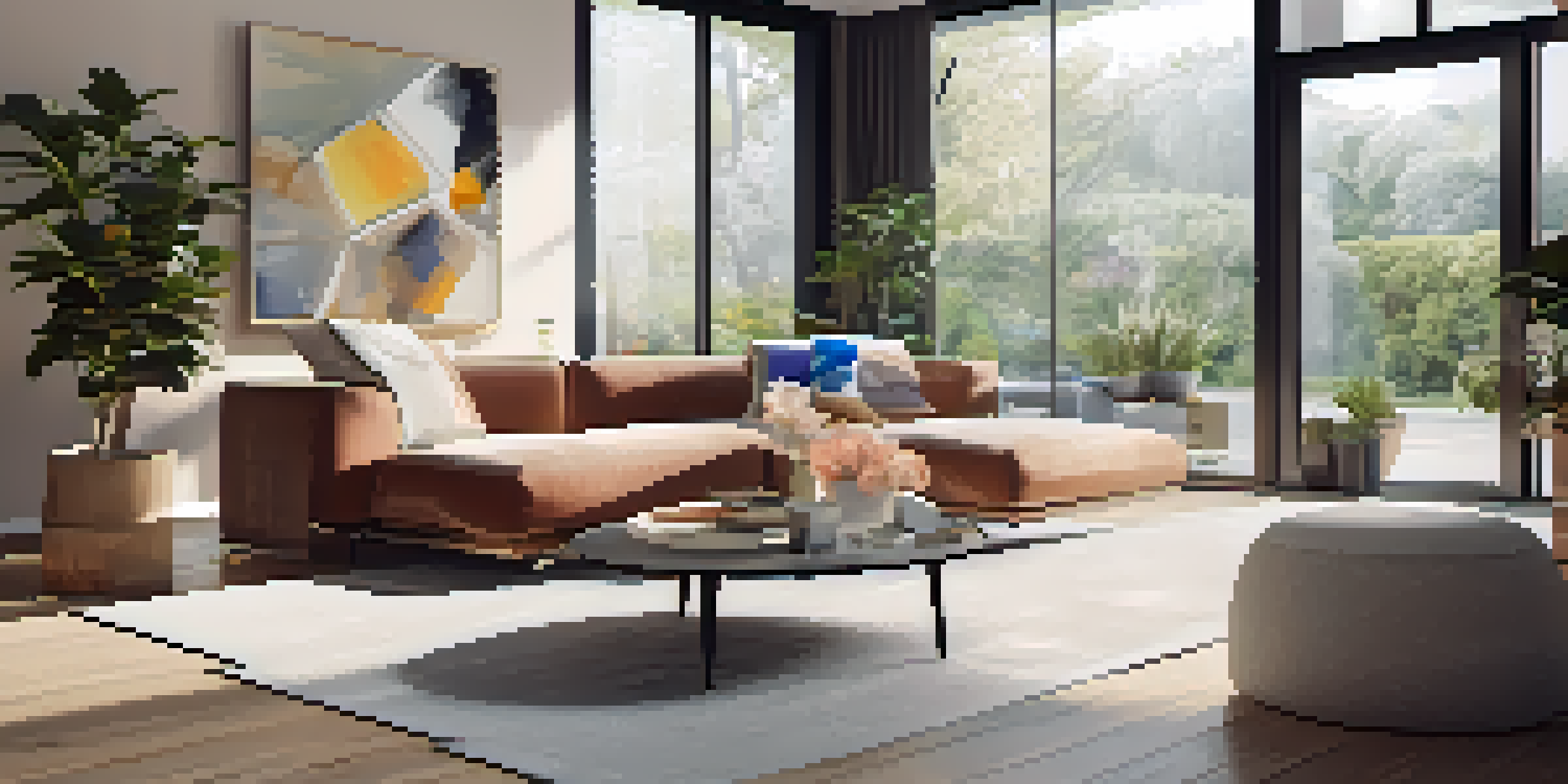 A modern living room showcasing a virtual reality display of a couch, with natural light illuminating the space and colorful decor items.