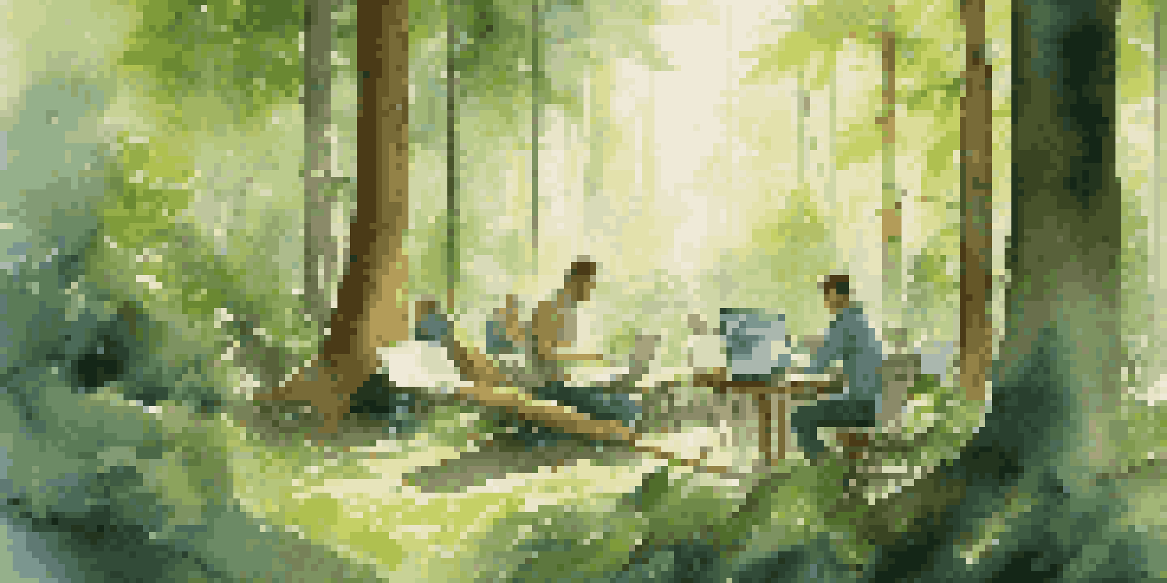 A peaceful forest scene with developers using laptops made from sustainable materials, sunlight filtering through the trees.