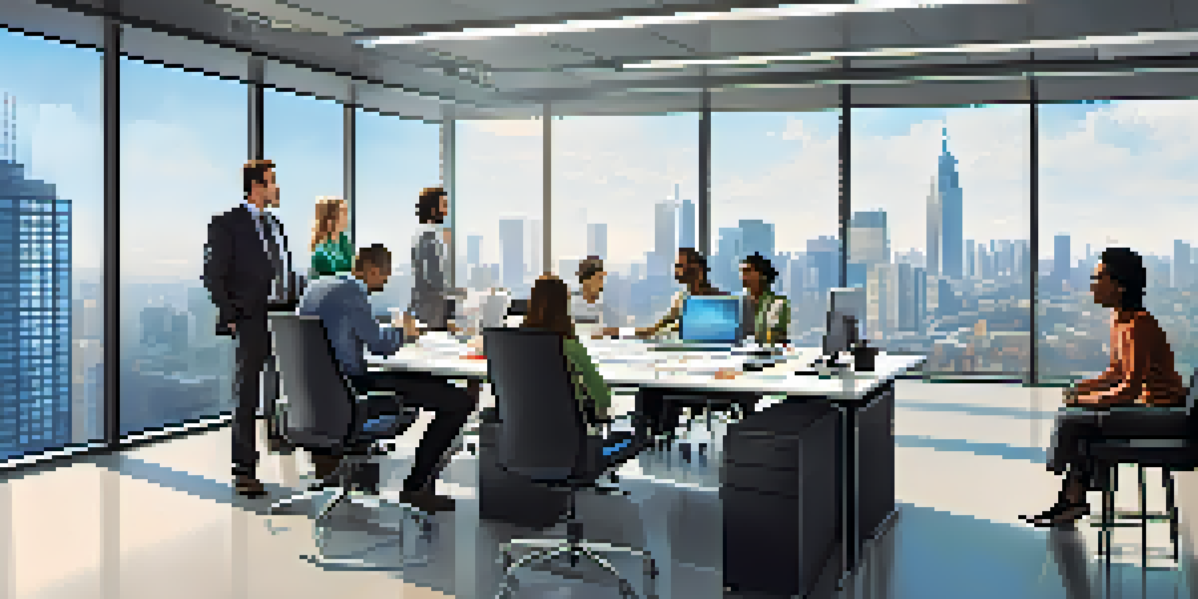 A diverse group of IT professionals discussing virtualization strategies in a bright modern office with city skyline views.