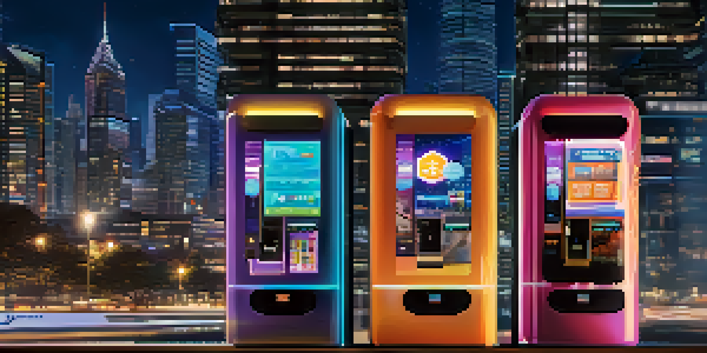 A digital vending machine symbolizing smart contracts, set against a high-tech cityscape at twilight.