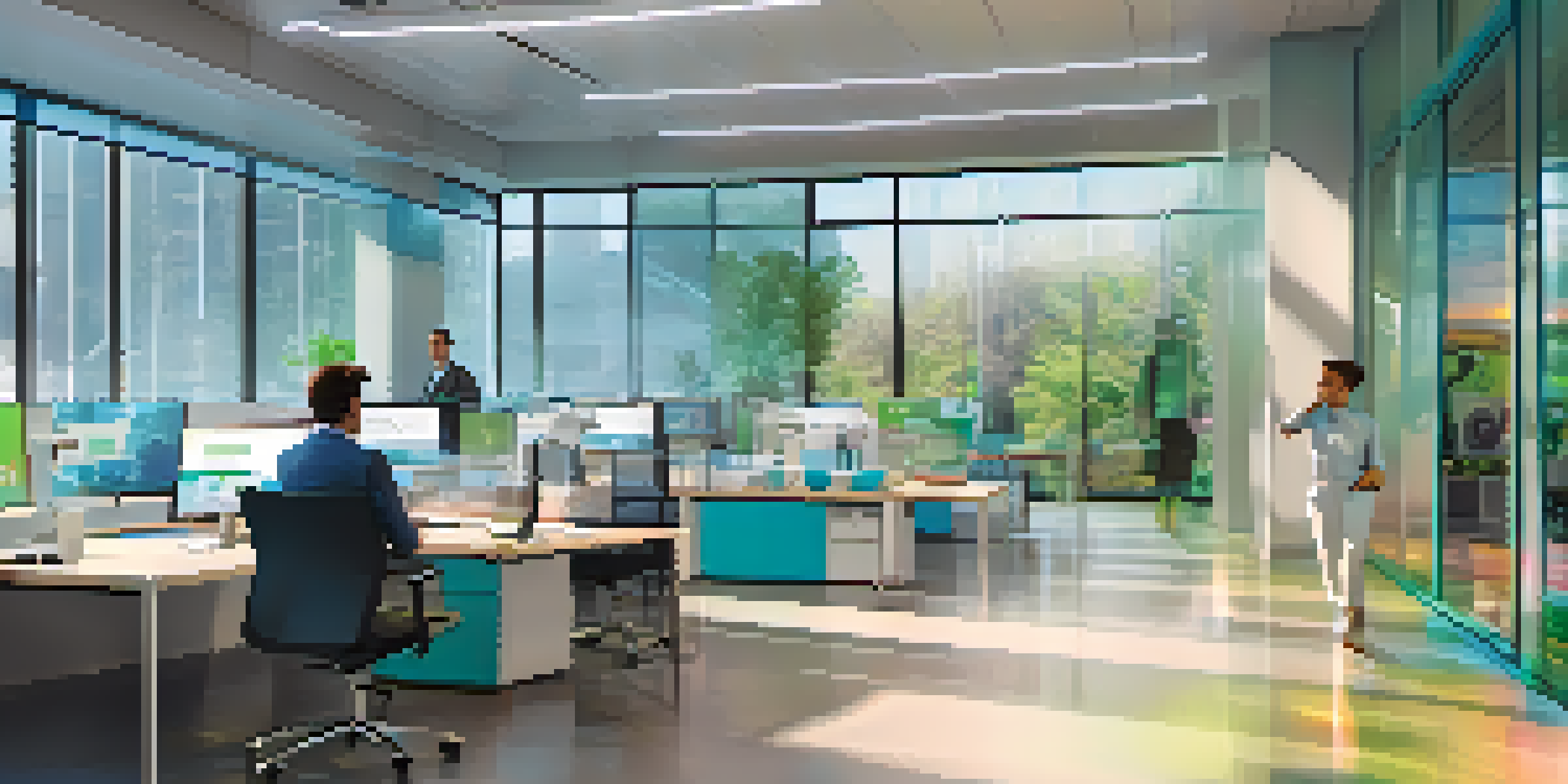 A customer support representative in a modern office with colorful data streams representing AI algorithms around them.