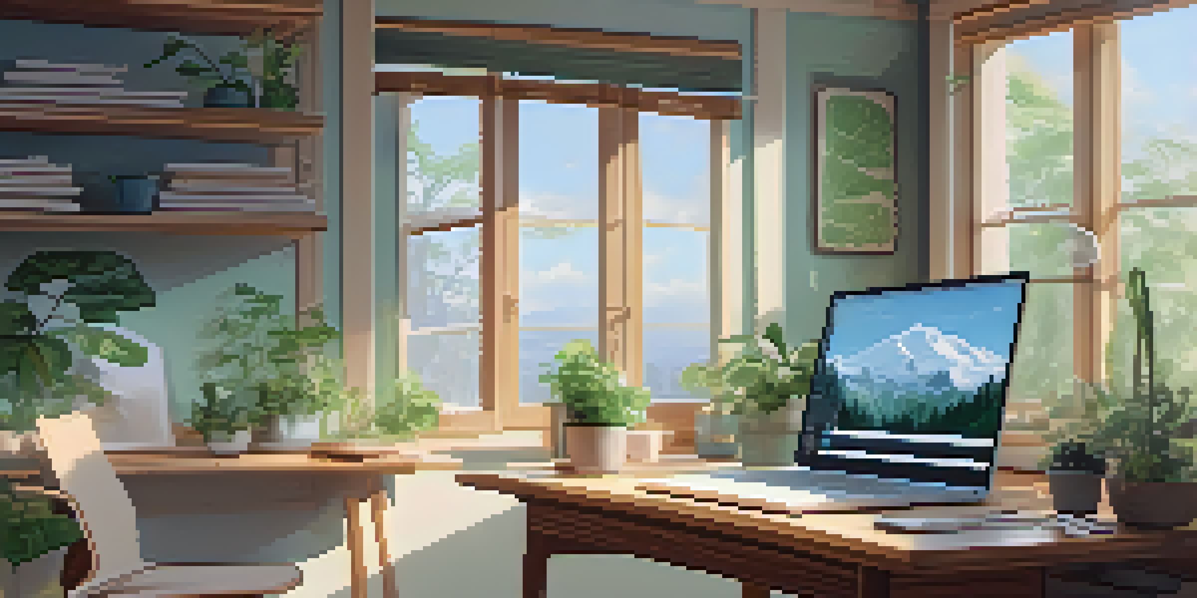 A well-lit workspace with a wooden desk, an open laptop displaying design software, a plant on the windowsill, and sketches pinned on the wall, all in soft blue and green colors.