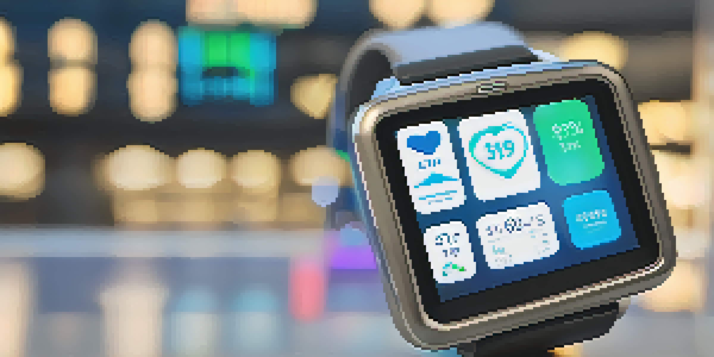 A smartwatch showing health data on its screen, with a modern healthcare facility blurred in the background.