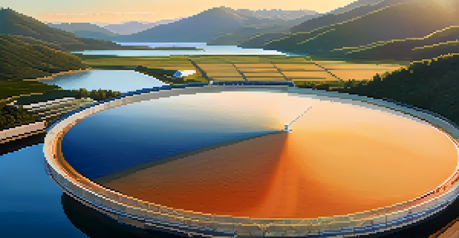 A panoramic view of a pumped hydro storage facility surrounded by mountains and water reservoirs during golden hour.