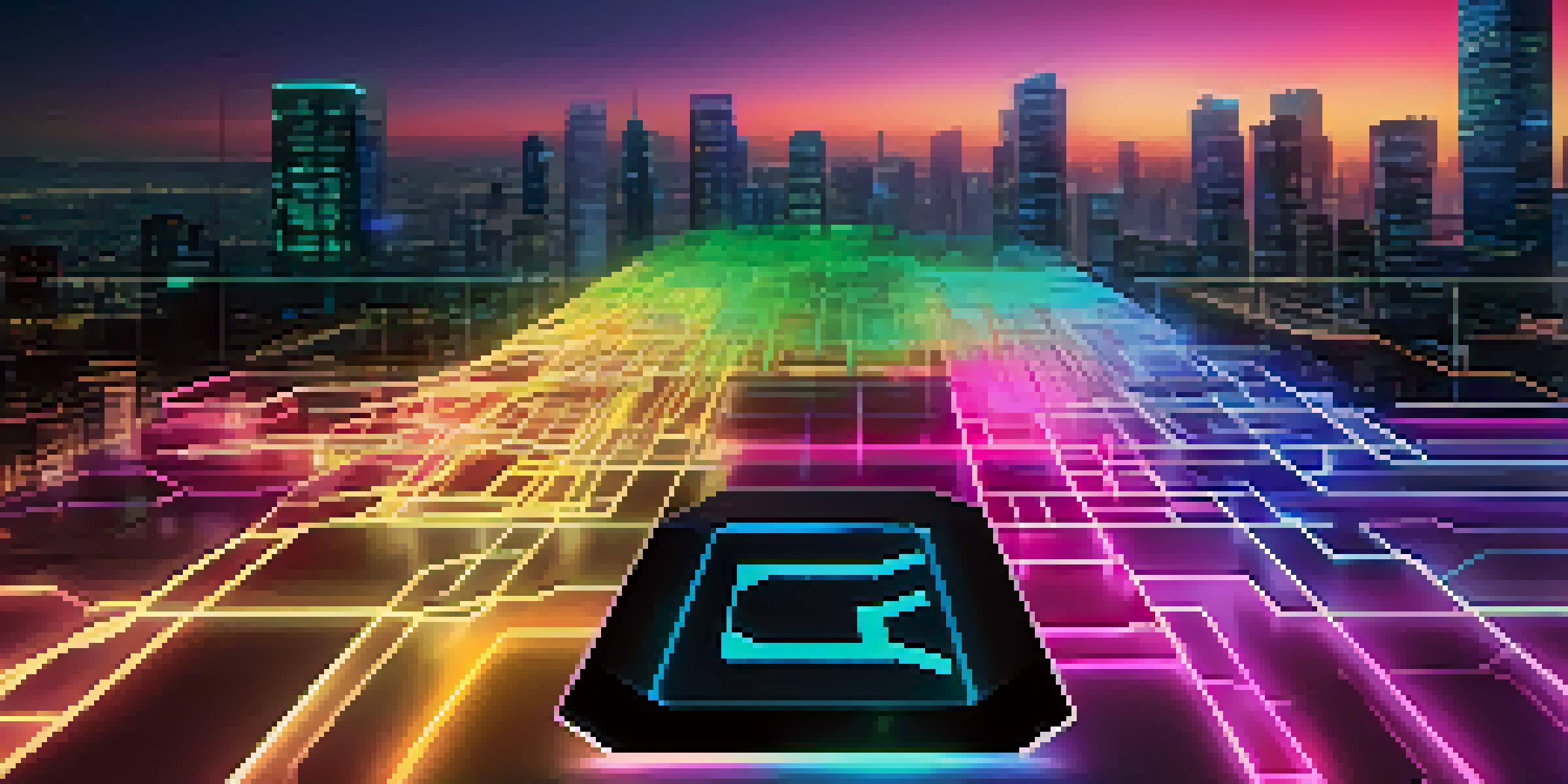A close-up of a blockchain ledger on a digital interface, with glowing blocks and a blurred cityscape in neon colors.