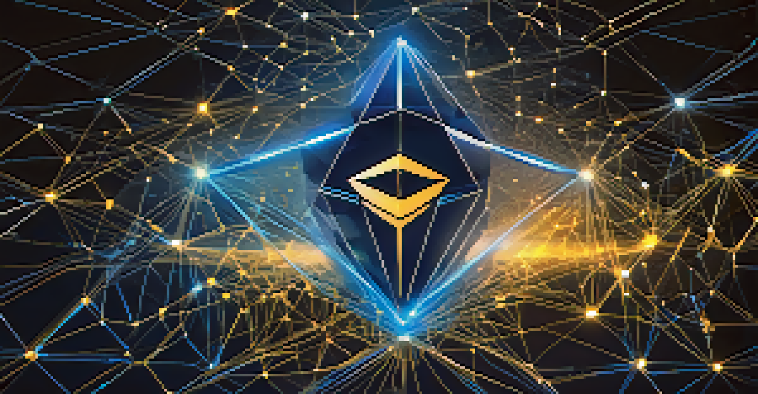 An artistic representation of the Ethereum logo with interconnected nodes and digital contracts in vibrant colors.