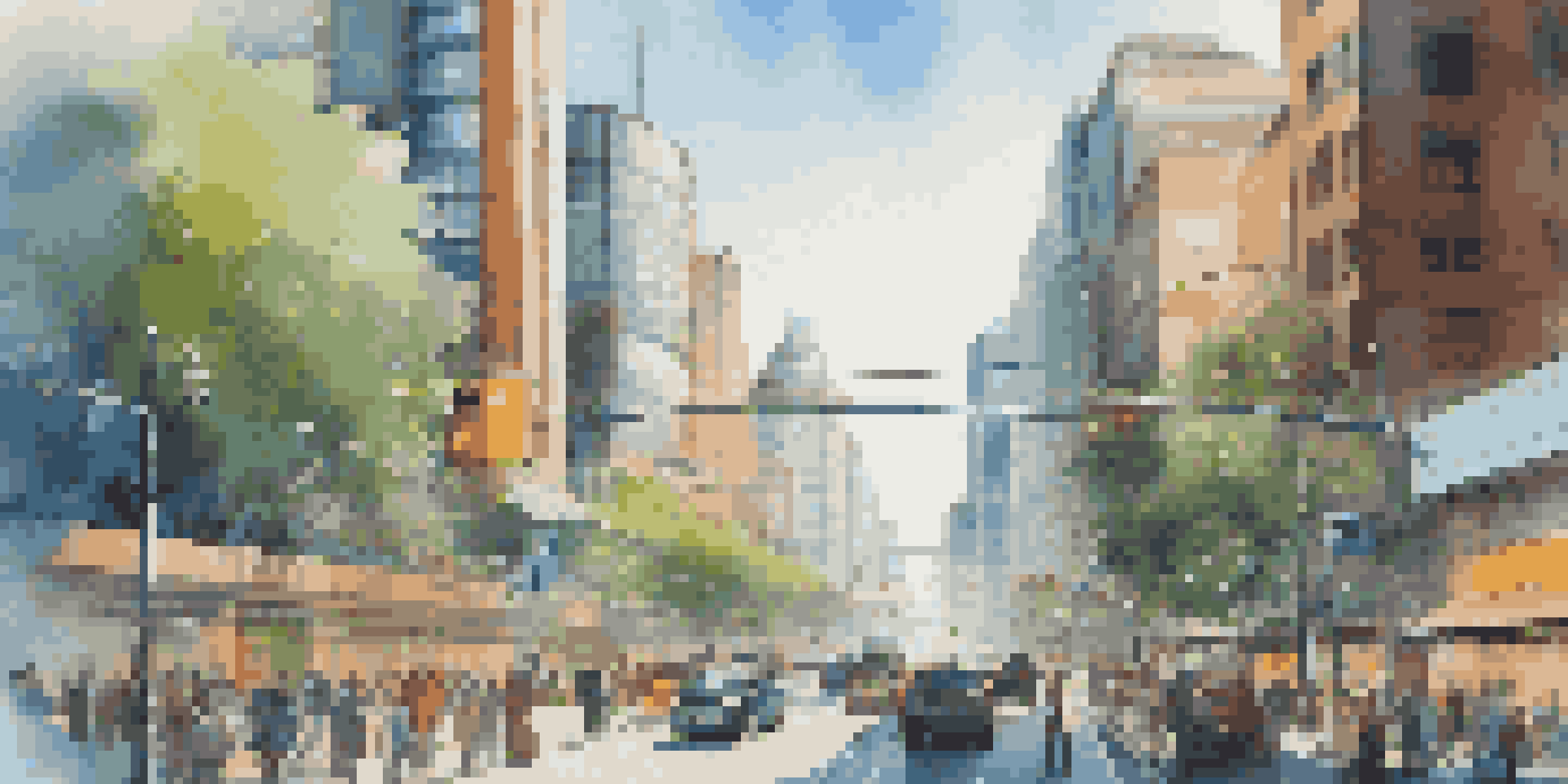 A vibrant smart city with high-tech traffic lights adjusting in real-time, modern buildings, and people engaging with technology under a clear blue sky.