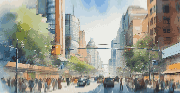 A vibrant smart city with high-tech traffic lights adjusting in real-time, modern buildings, and people engaging with technology under a clear blue sky.