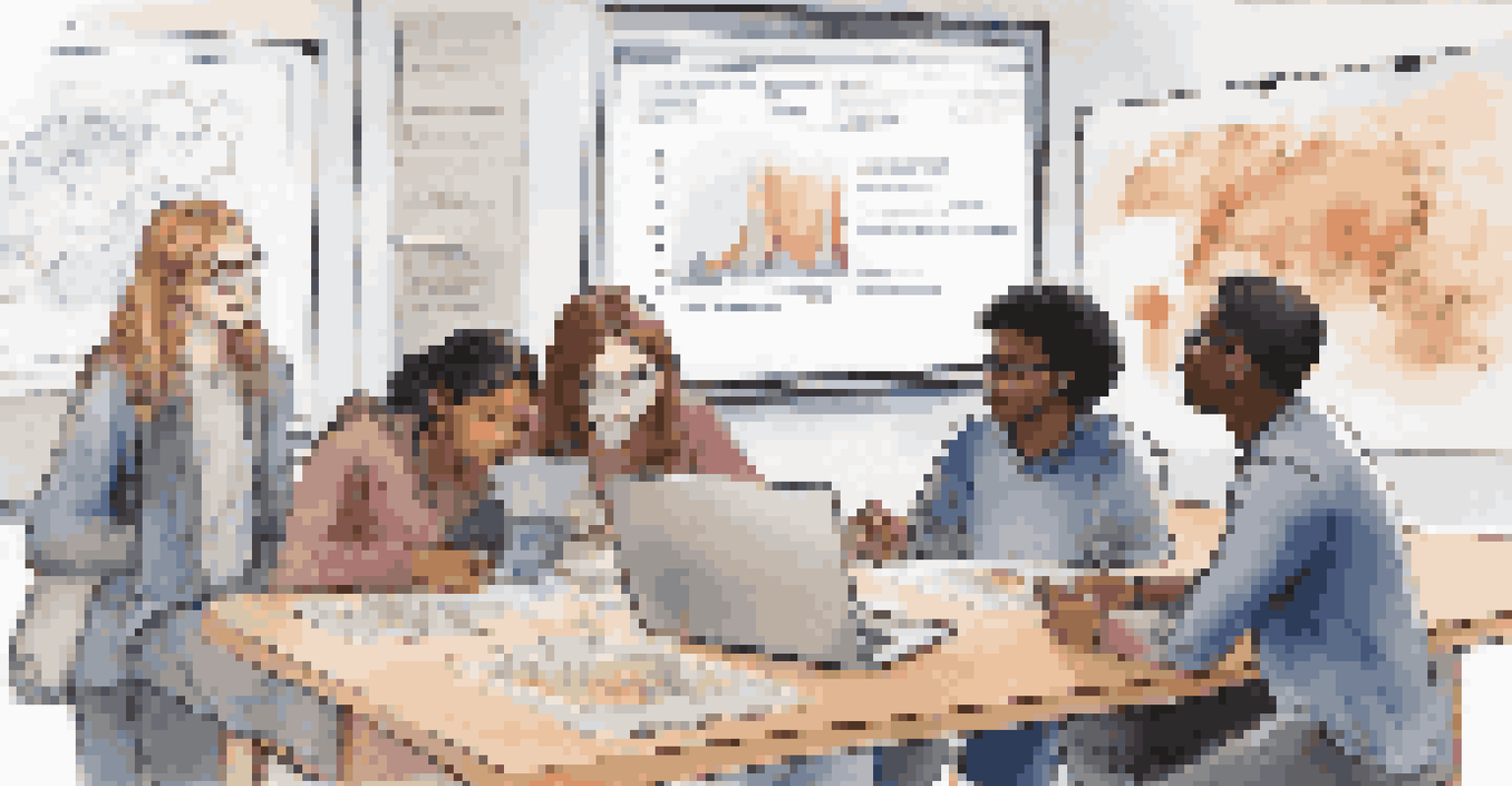 A diverse group of students collaborating on a project, with laptops and resources on a table, and an AI tool displayed on a screen.