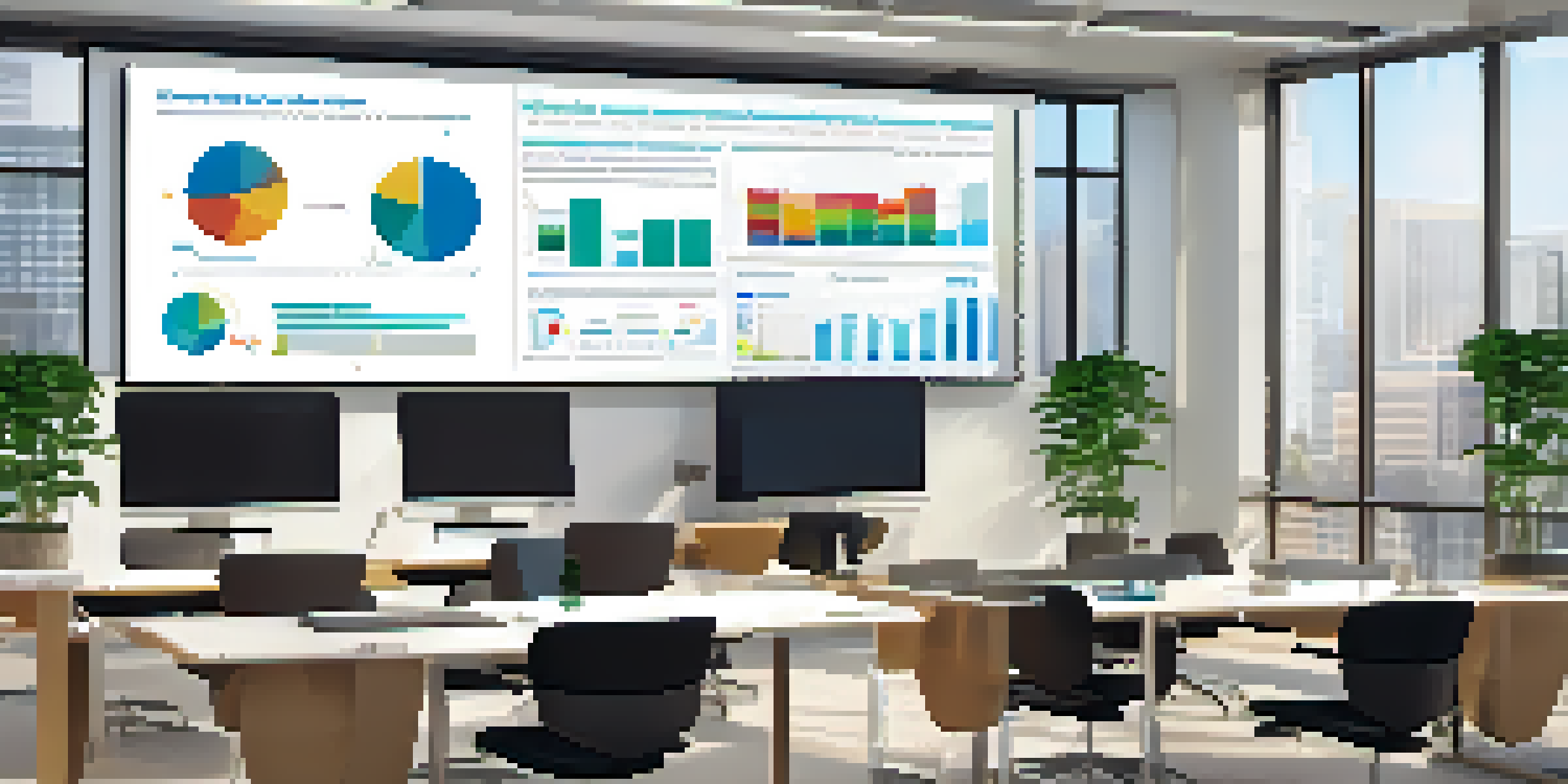 A modern office with professionals discussing data insights around a conference table, with a large display showing colorful data visualizations.