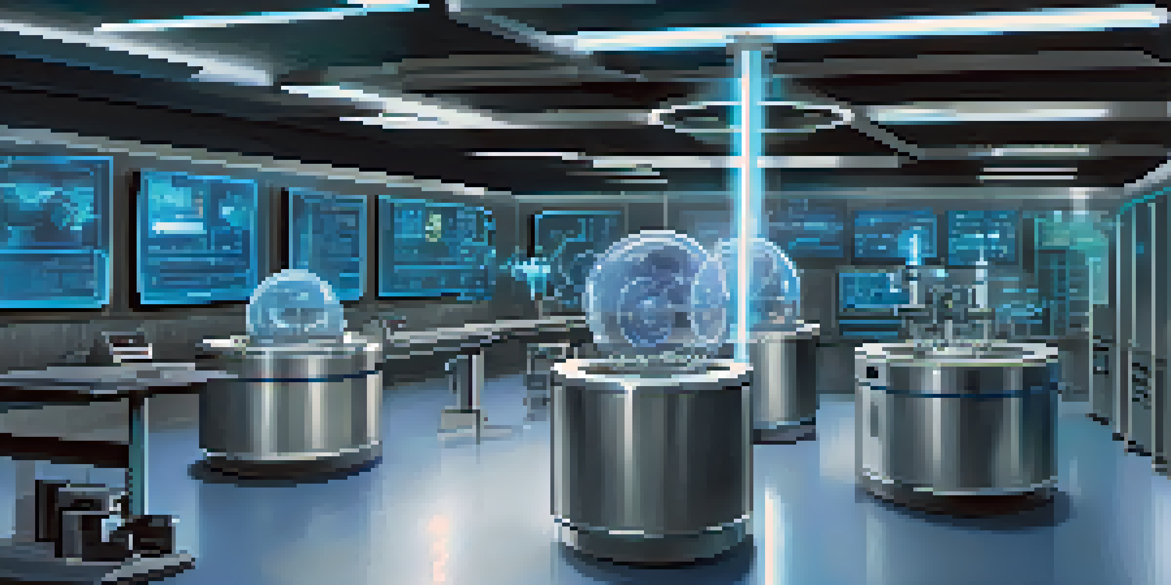 A high-tech laboratory with a holographic display illustrating quantum key distribution, featuring glowing orbs and diagrams of quantum mechanics.