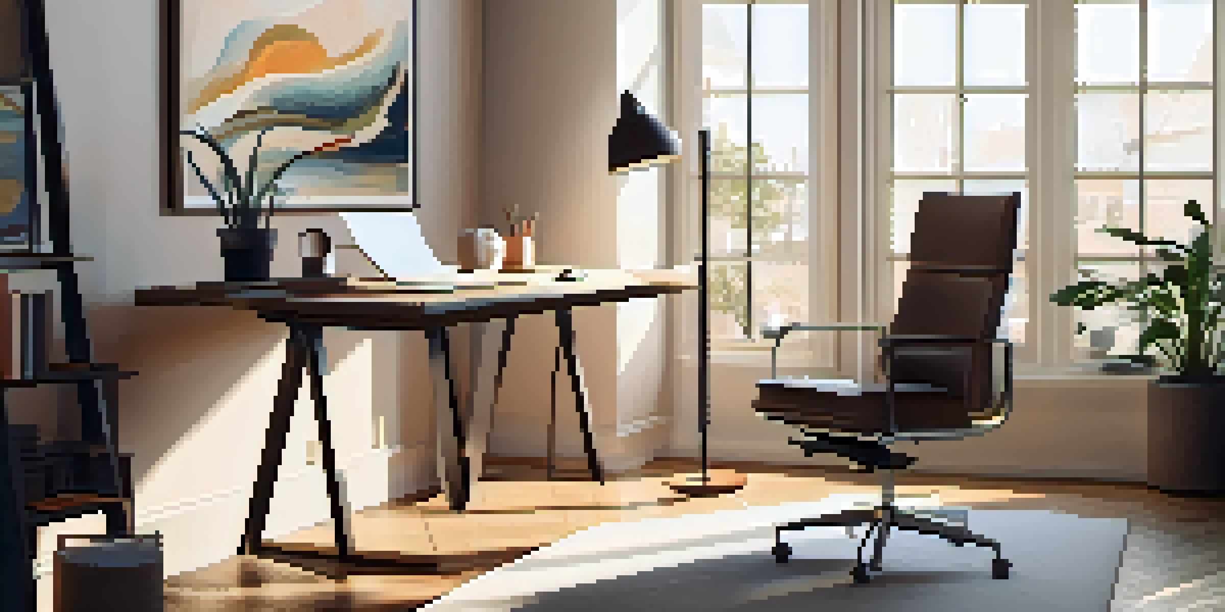 A modern home office with a laptop on a desk, a potted plant, and a cup of coffee, illuminated by soft natural light.