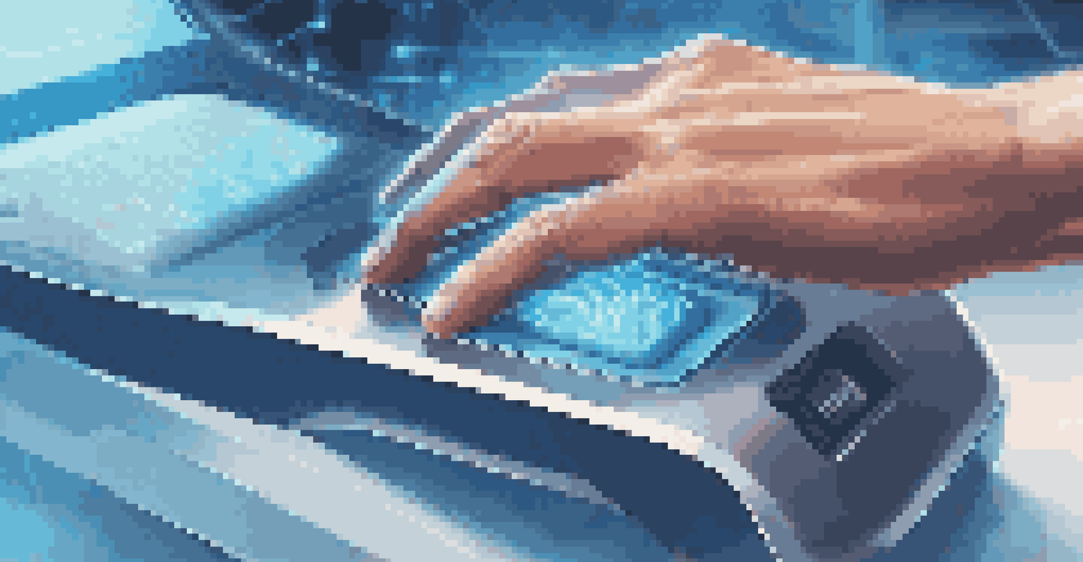 A close-up of a hand using a biometric scanner with a blue light, highlighting security technology.