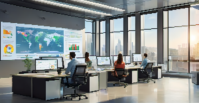 A diverse team collaborating in a bright office, analyzing Digital Asset Management metrics on digital screens.