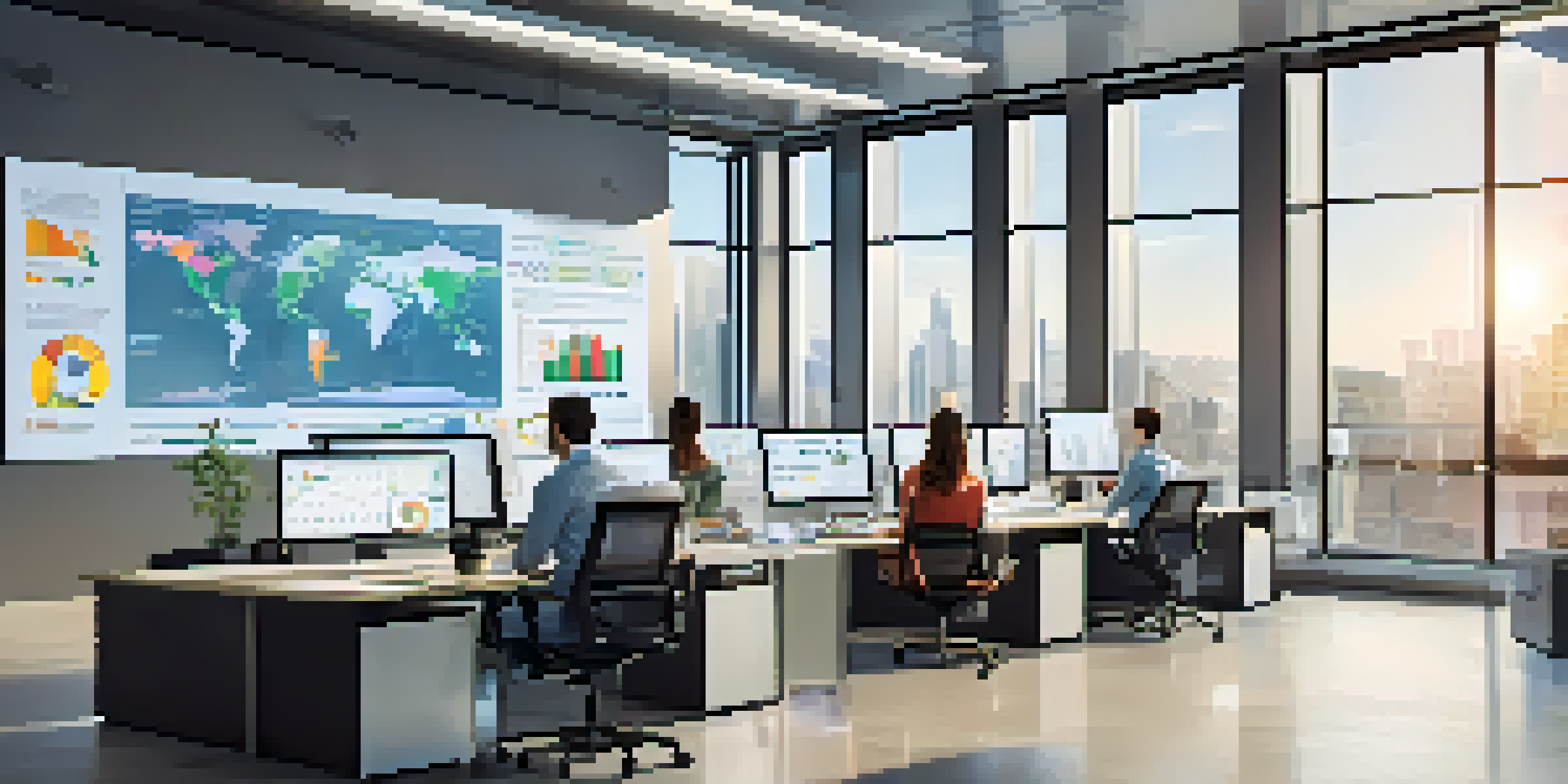 A diverse team collaborating in a bright office, analyzing Digital Asset Management metrics on digital screens.