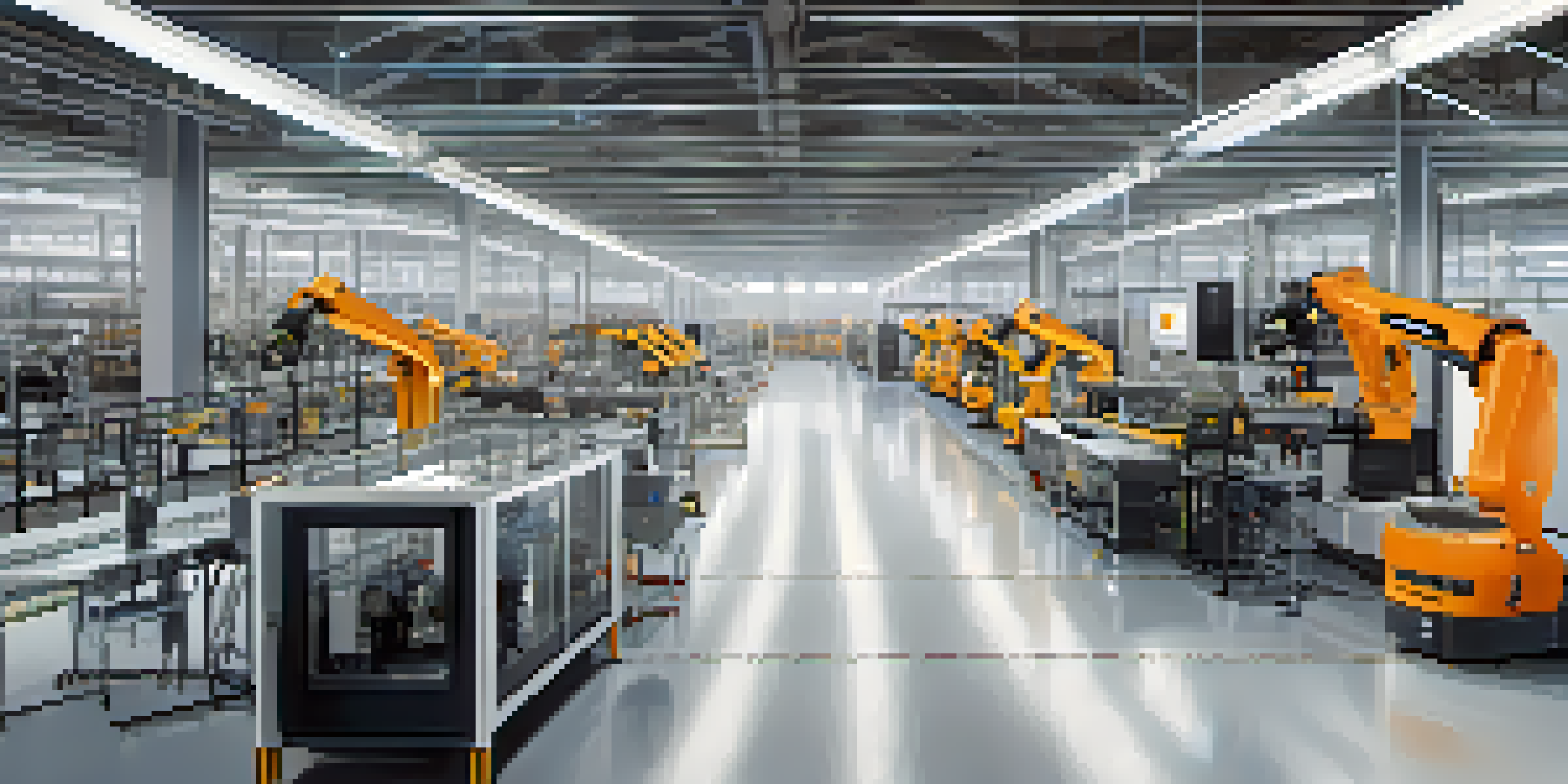 A modern smart factory with interconnected machines, bright lighting, and real-time data displays.